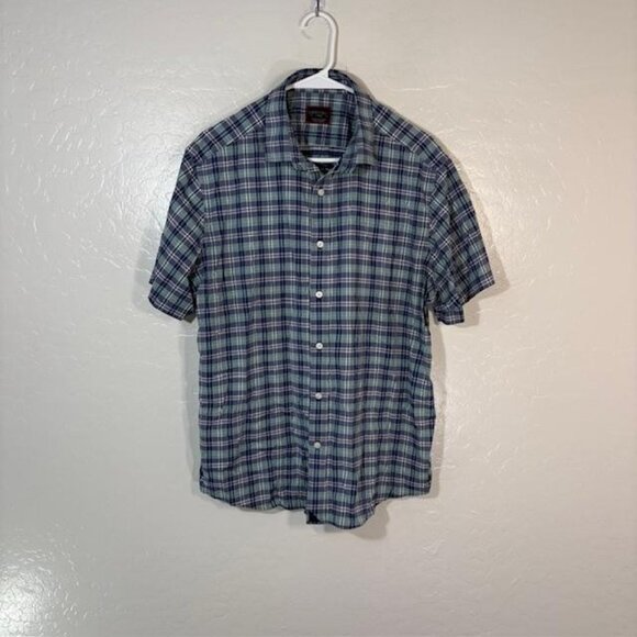 UNTUCKit Shirt Mens Large Navy Green Plaid Henderson SS Stretch Button Up 41533 - Picture 1 of 7